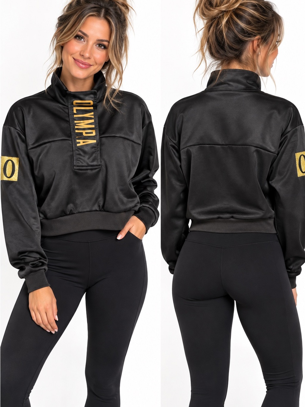 Olympia Activewear Black Satin Pullover Bomber with Gold Logo